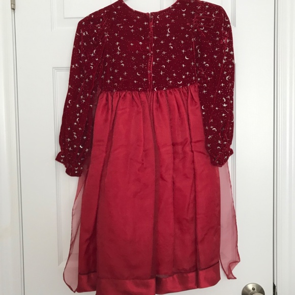Long Sleeve Dress Girls Size 10 With Rose Bow Tie Back Red Silver Starry Night - Picture 6 of 14